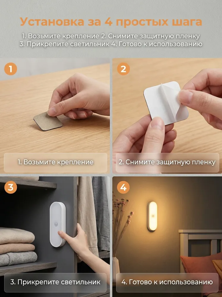 Светодиодный ночник с датчиком движения, USB, беспроводной