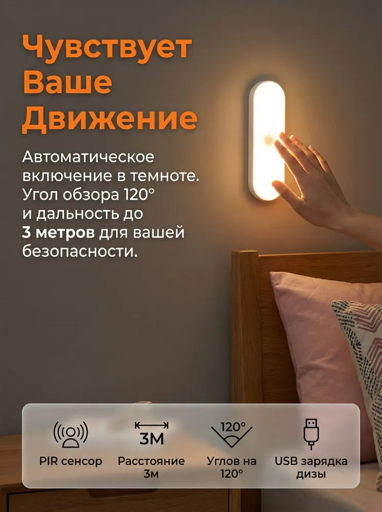 Светодиодный ночник с датчиком движения, USB, беспроводной