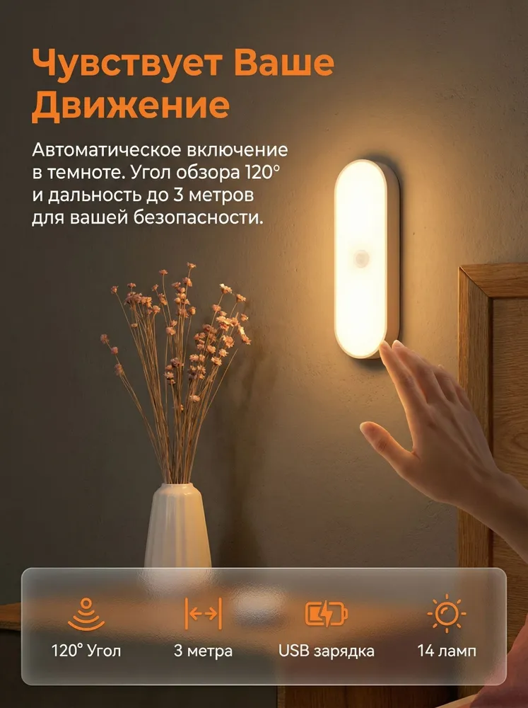 Светодиодный ночник с датчиком движения, USB, беспроводной